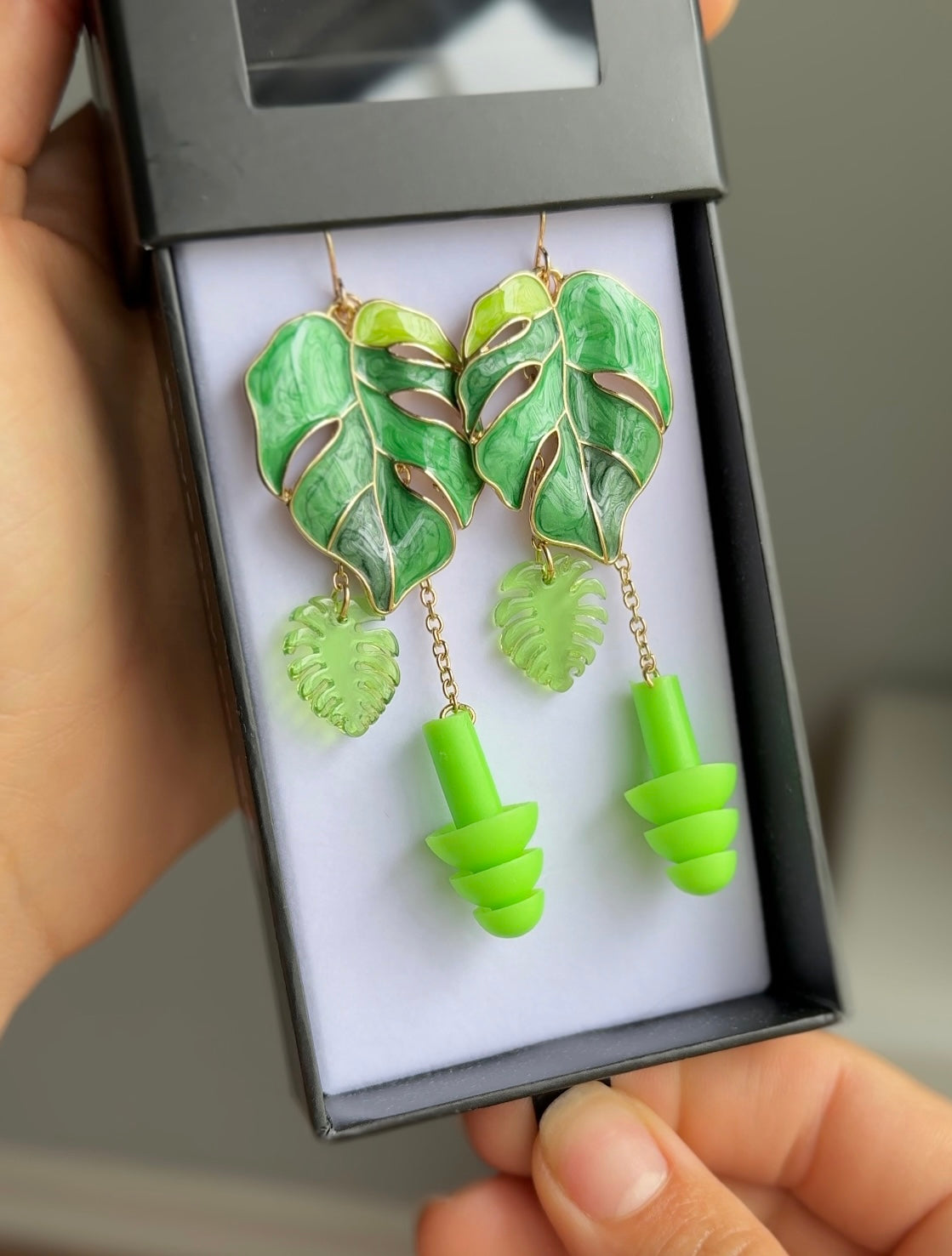 Earplug Earrings - Green Monstera Leaf