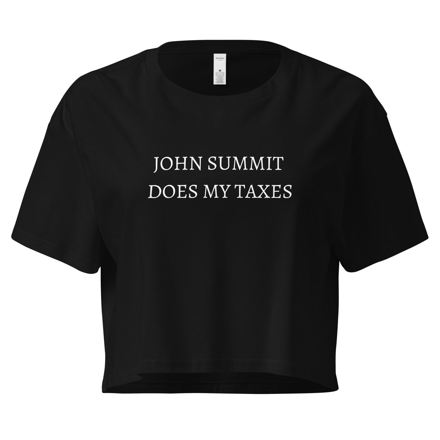 Black cropped t-shirt with white text that says “John Summit does my taxes,” funny EDM rave crop top for music festivals.