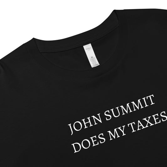 zoomed view of Black cropped t-shirt with white text that says “John Summit does my taxes,” funny EDM rave crop top for music festivals.
