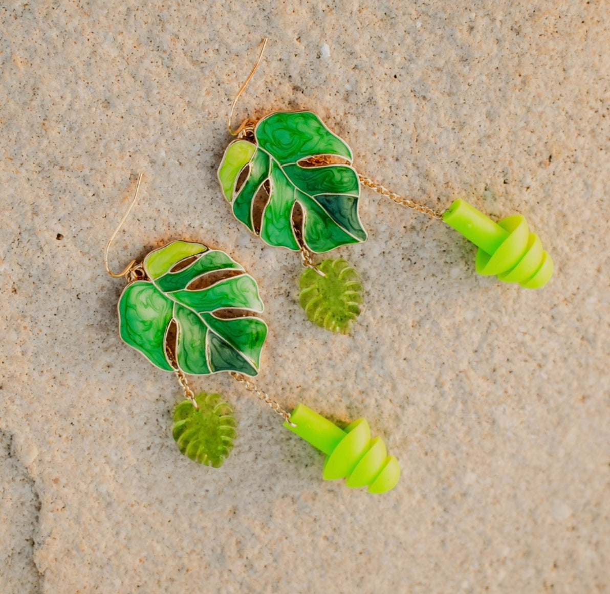 Earplug Earrings - Green Monstera Leaf