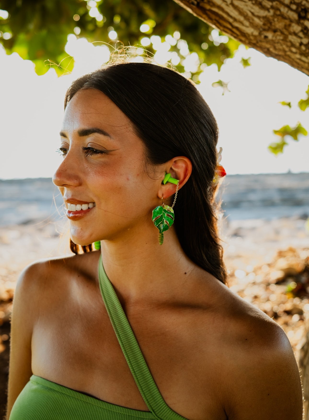 Earplug Earrings - Green Monstera Leaf