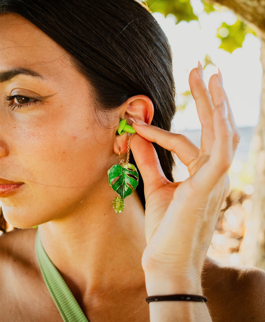 Earplug Earrings - Green Monstera Leaf