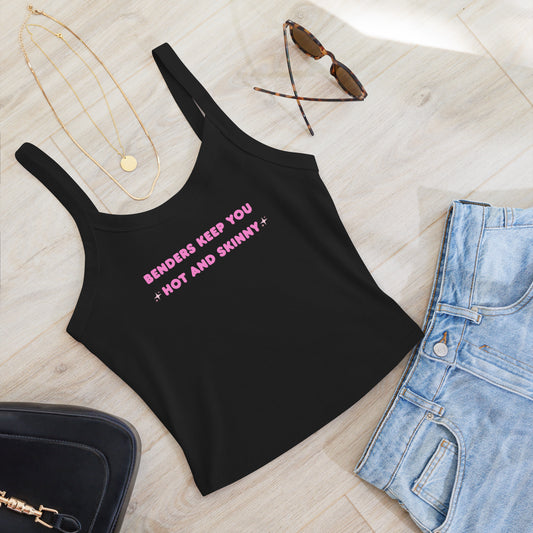 Funny rave tank top with 'Benders Keep You Hot and Skinny' text, perfect for festivals, EDM events, and party outfits