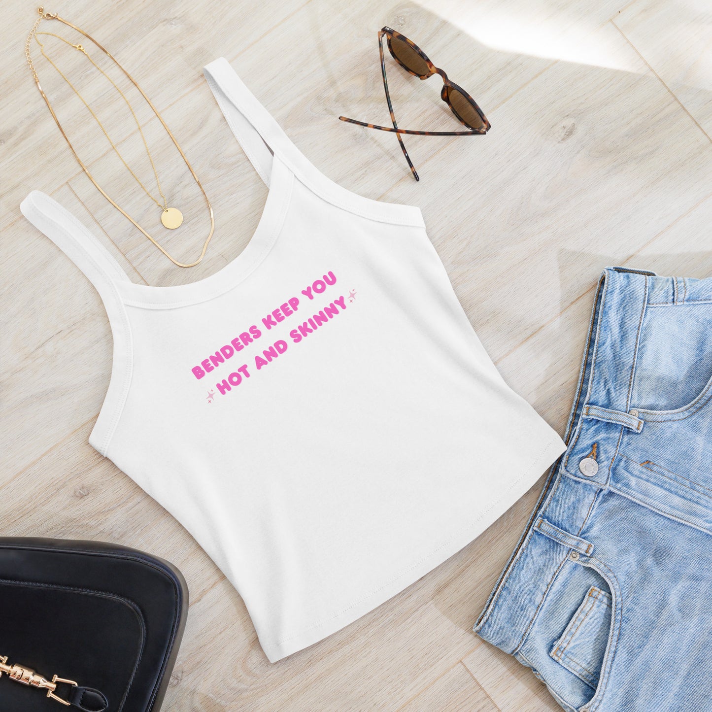White Women's micro-rib cotton tank top with thick straps and bold John Summit-inspired quote, ideal for music lovers and clubwear fashion