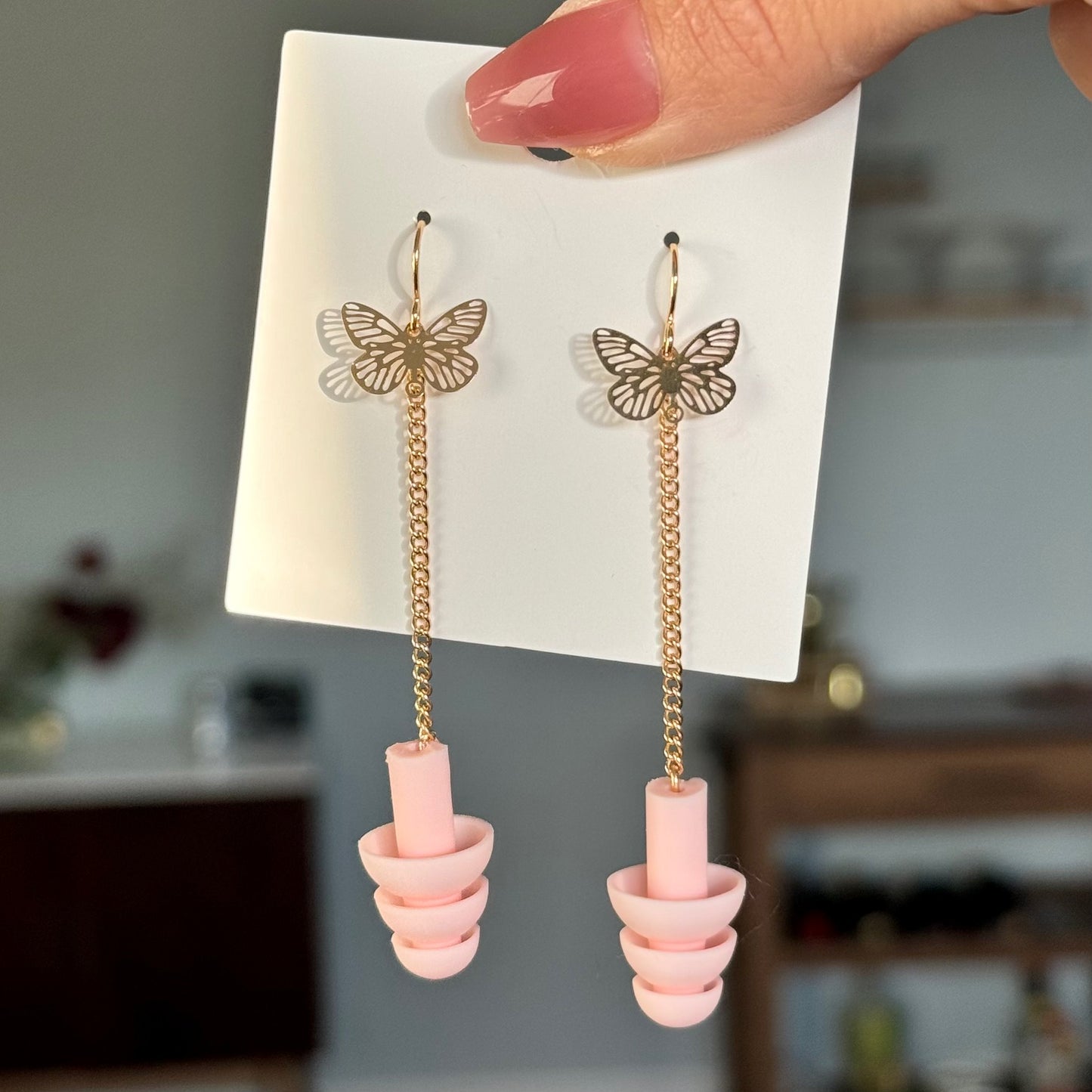 Earplug Earrings - Elegant Gold/Pink Butterflies Earrings Rave Day