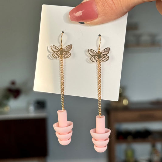 Earplug Earrings - Elegant Gold/Pink Butterflies Earrings Rave Day
