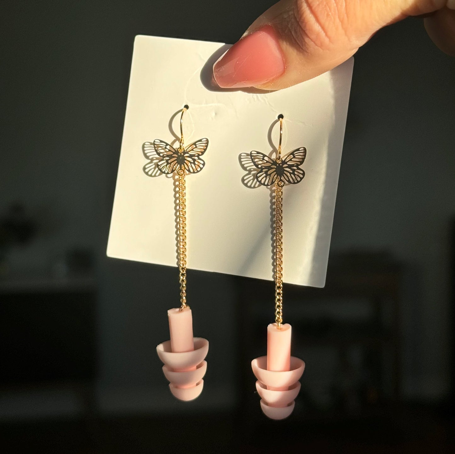 Earplug Earrings - Elegant Gold/Pink Butterflies Earrings Rave Day