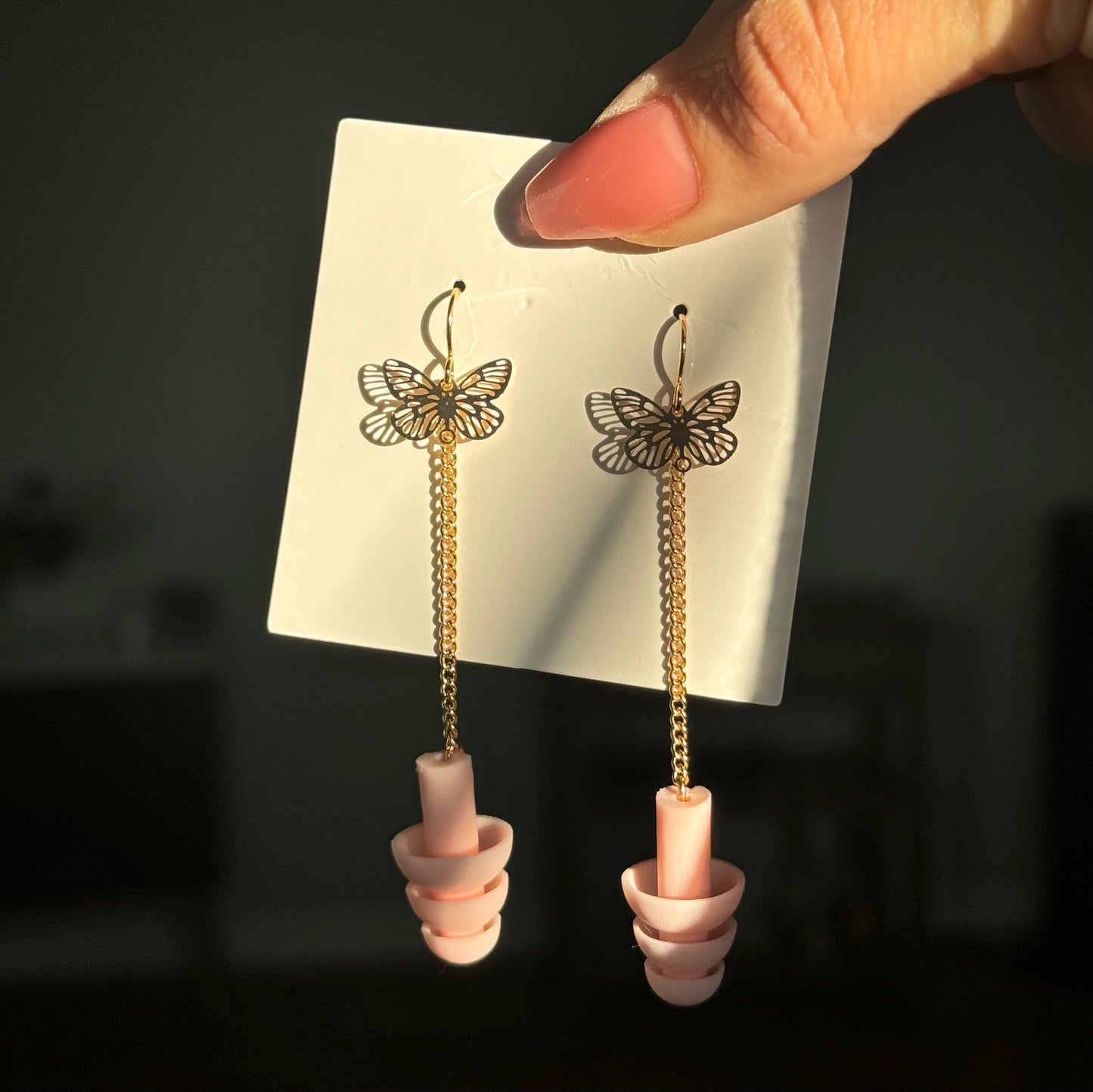 Earplug Earrings - Elegant Gold/Pink Butterflies Earrings Rave Day