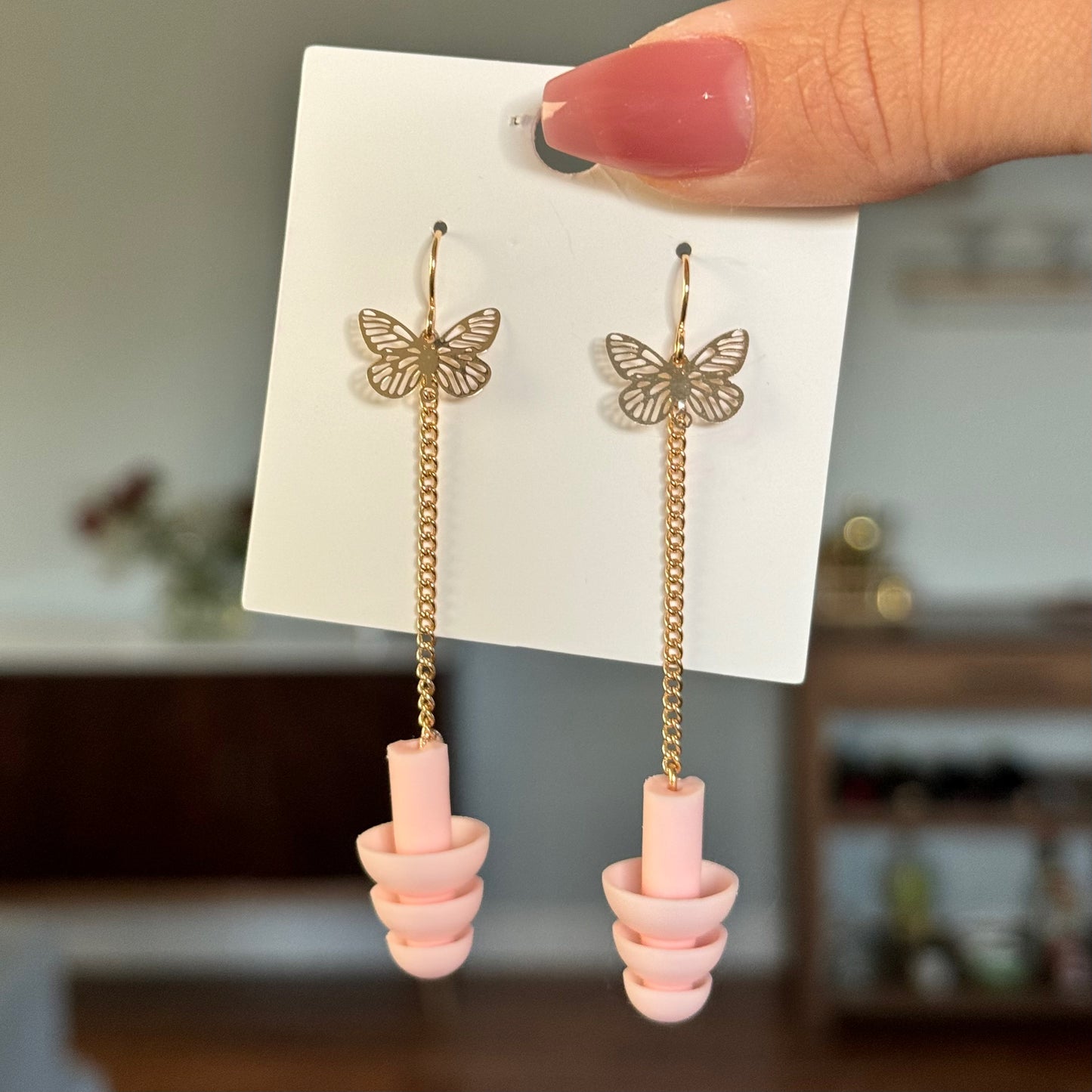 Earplug Earrings - Elegant Gold/Pink Butterflies Earrings Rave Day