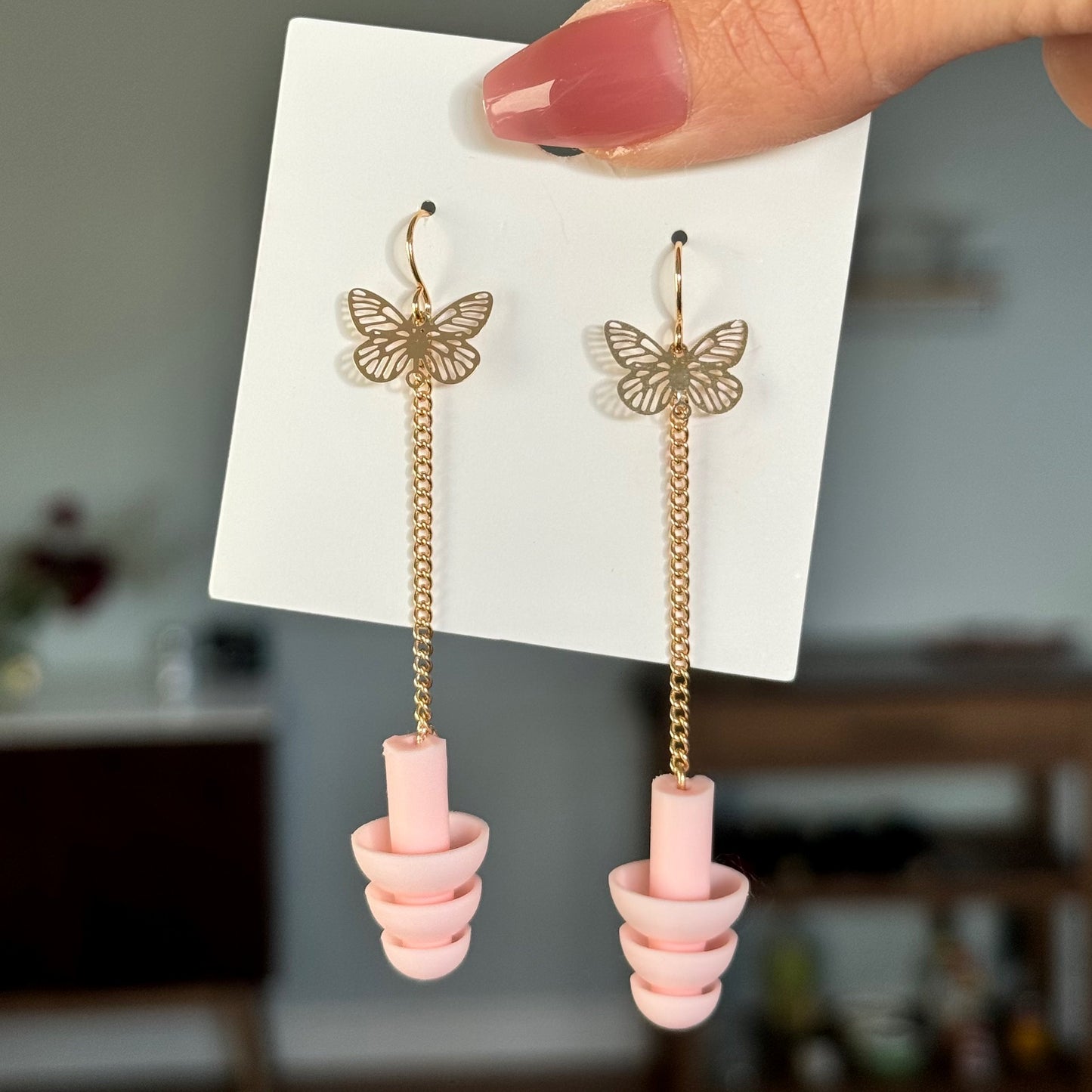 Earplug Earrings - Elegant Gold/Pink Butterflies Earrings Rave Day