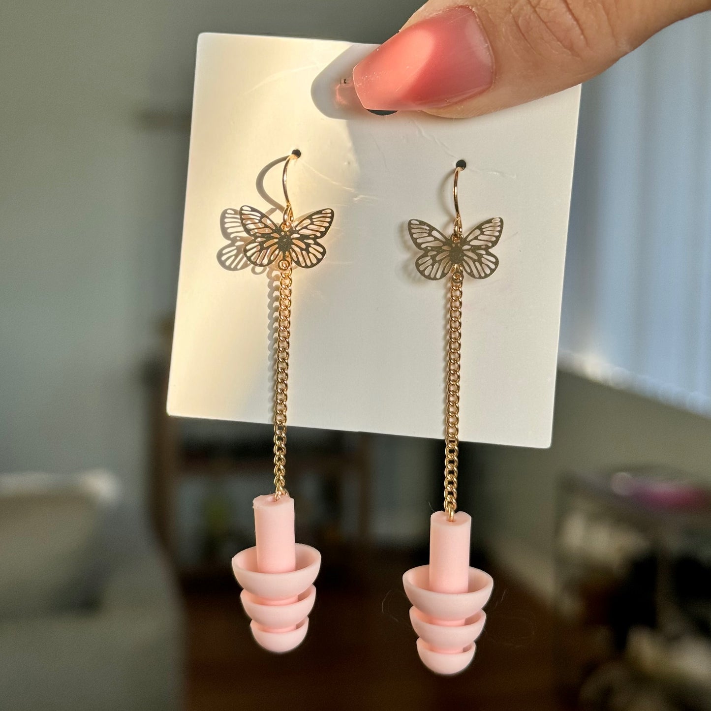 Earplug Earrings - Elegant Gold/Pink Butterflies Earrings Rave Day