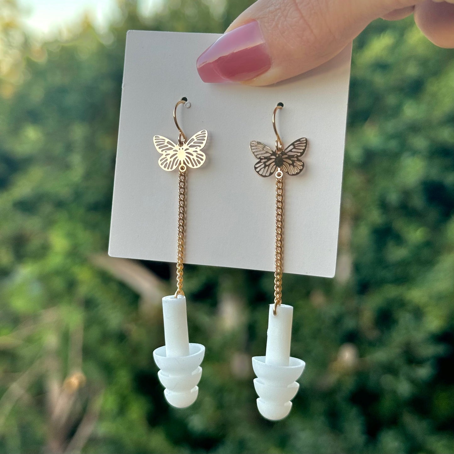 Earplug Earrings - White/Gold Butterflies Earrings Rave Day