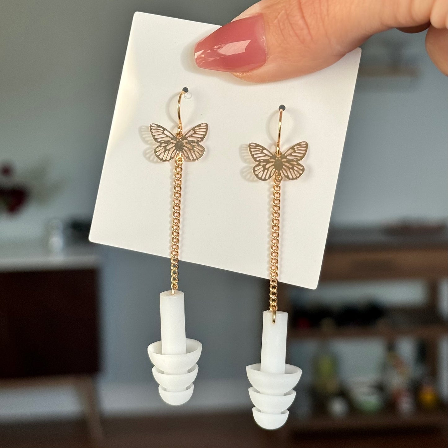 Earplug Earrings - White/Gold Butterflies Earrings Rave Day