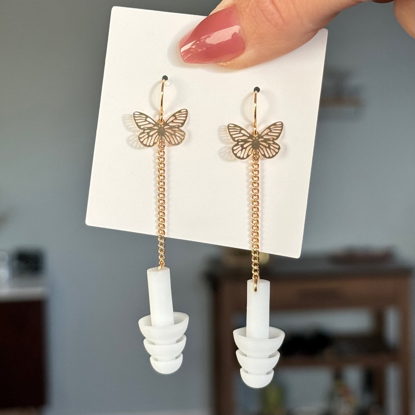 Earplug Earrings - White/Gold Butterflies Earrings Rave Day
