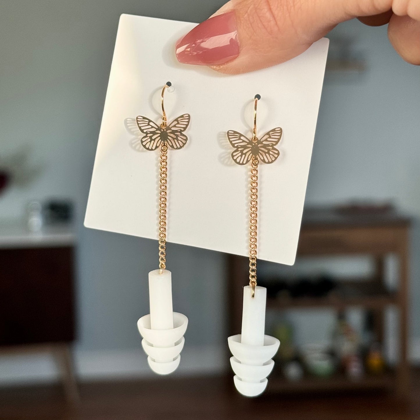 Earplug Earrings - White/Gold Butterflies Earrings Rave Day