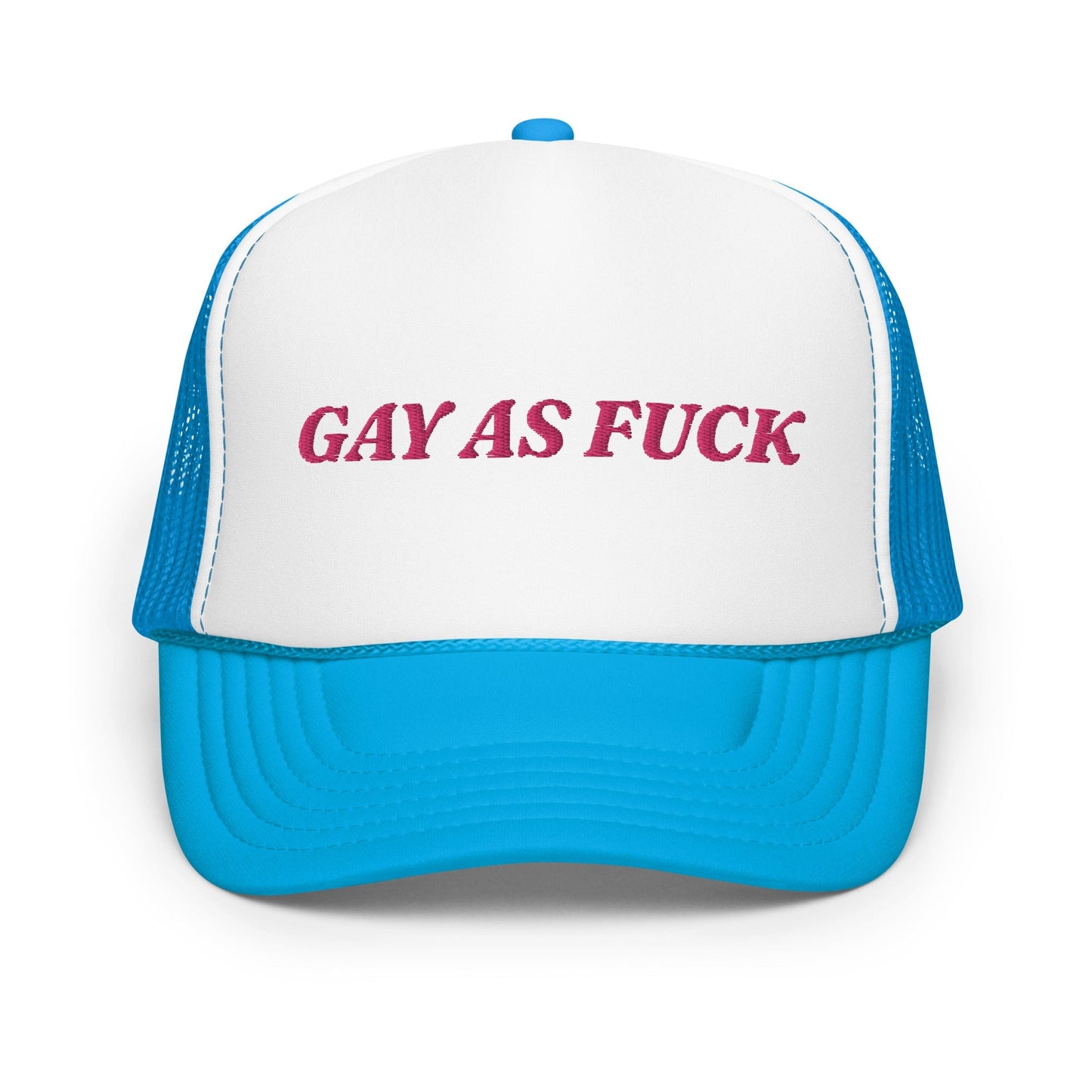 Gay as fuck - Foam trucker hat (Design B) Rave Day Blue / White / Blue