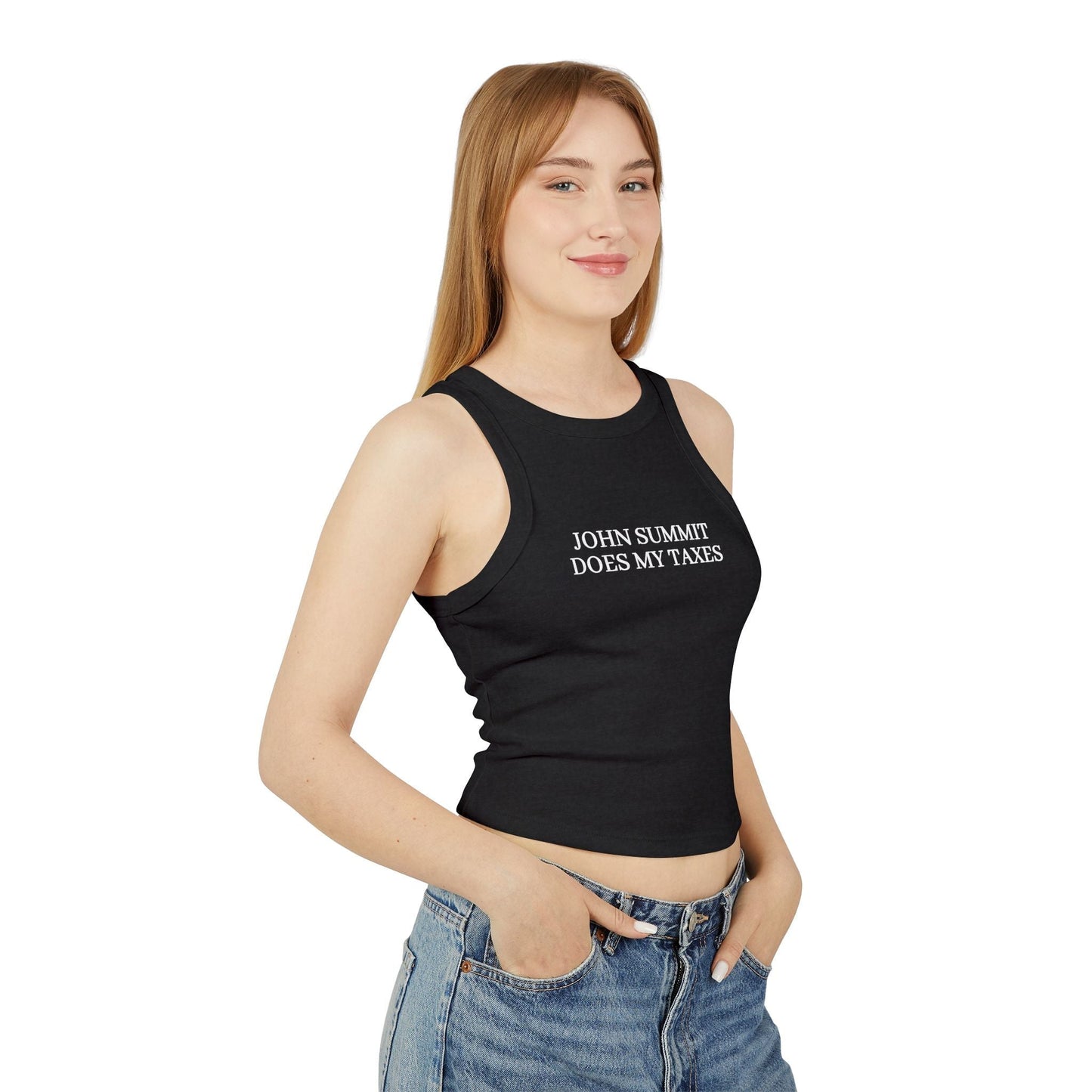 John Summit Does My Taxes - Women's Micro Rib Racer Tank Top Tank Top Printify