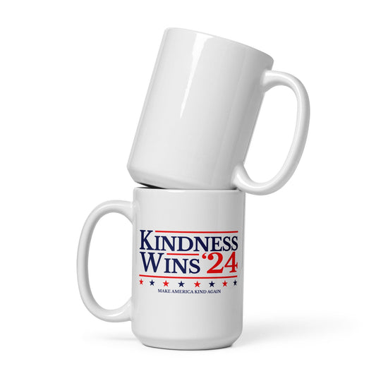 Kindness Wins - White glossy mug Rave Day 15 oz
