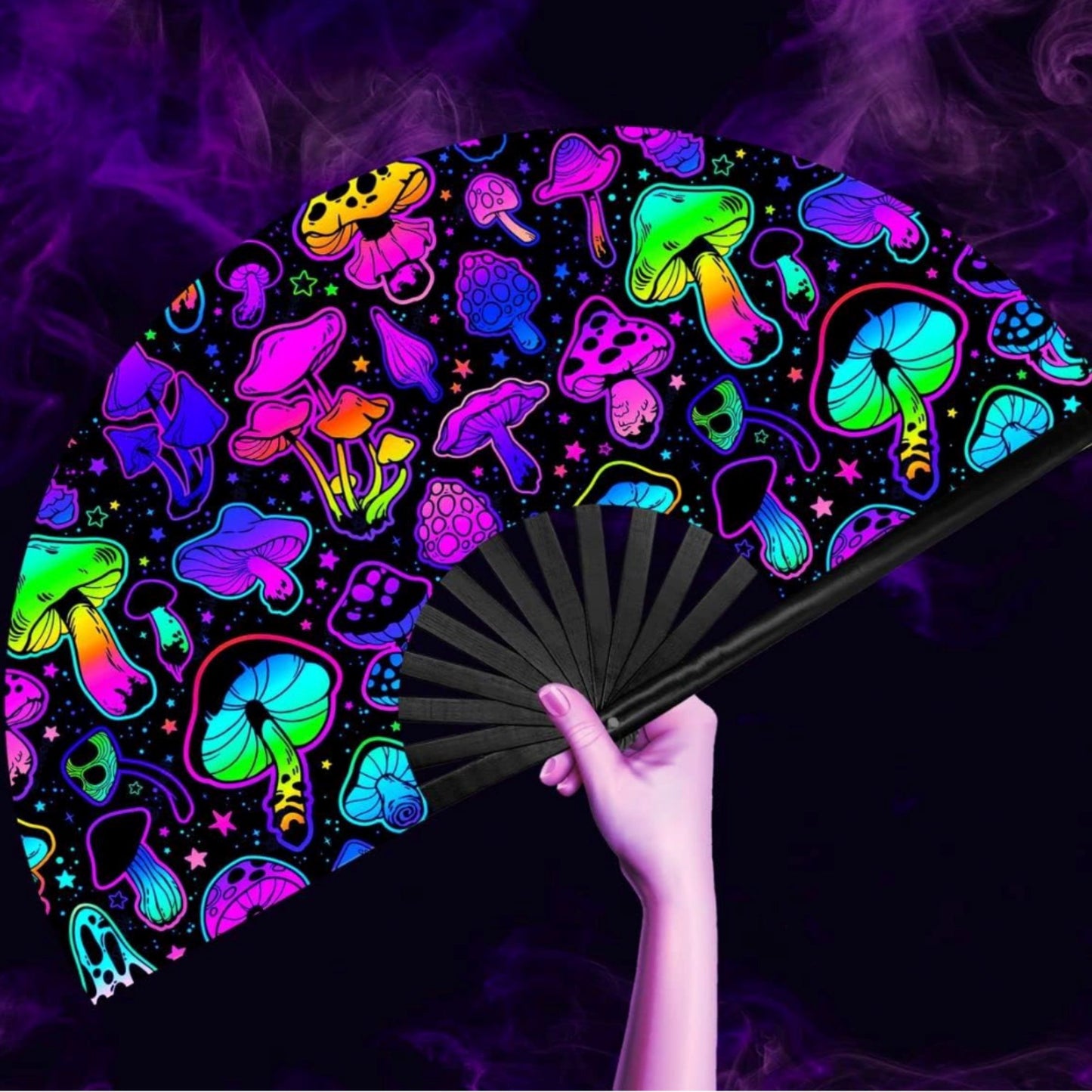 Large Reflective Hand Fan - Glowing Mushrooms Fan Rave Day