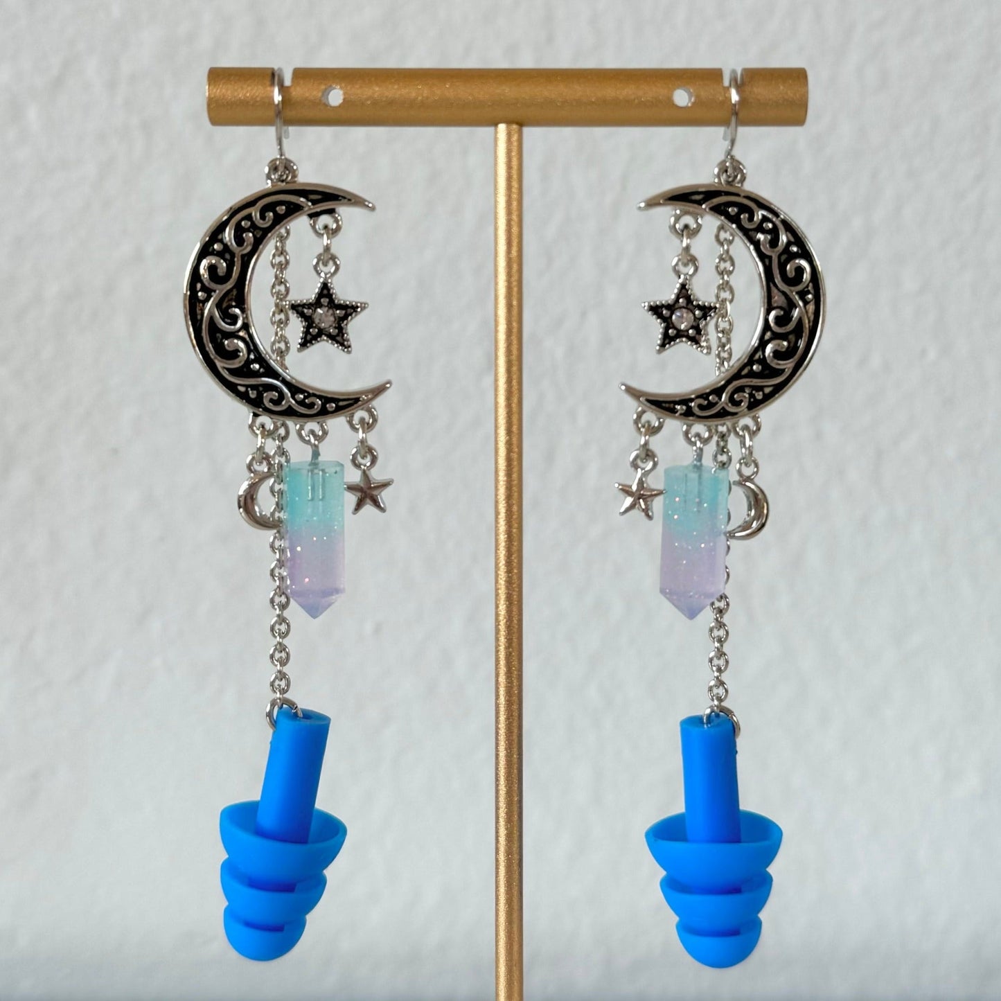 Midnight Moon Earplug Earrings with royal blue ear plugs attached. Stylish ear plugs for ravers.