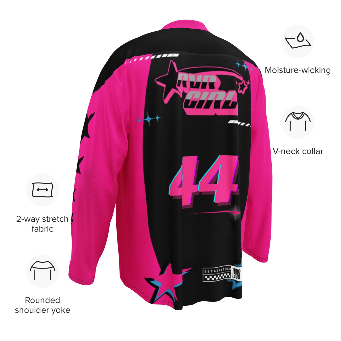 Product details for Black and pink RVR GIRL jersey with number 44 on the back – motocross inspired rave outfit for EDM and festival fashion.