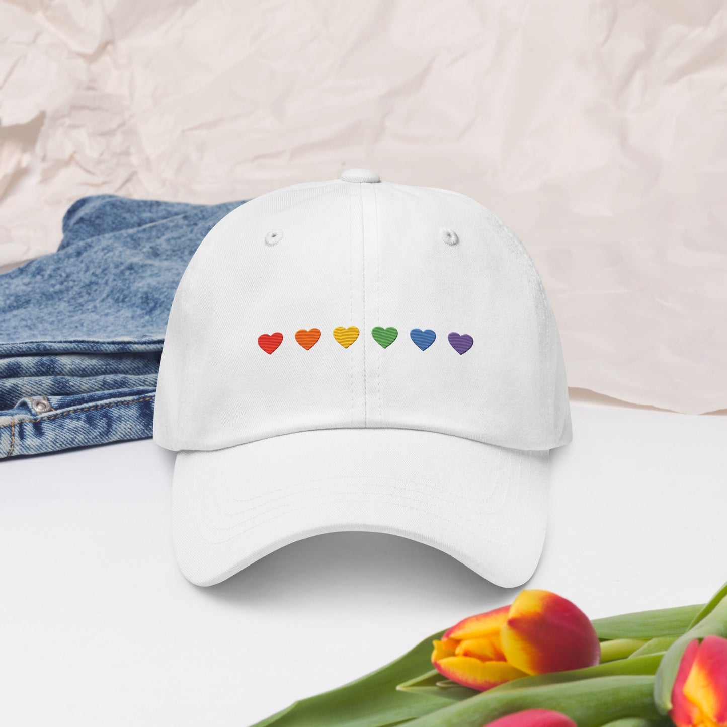 Rainbow Hearts - Dad Hat Rave Day White