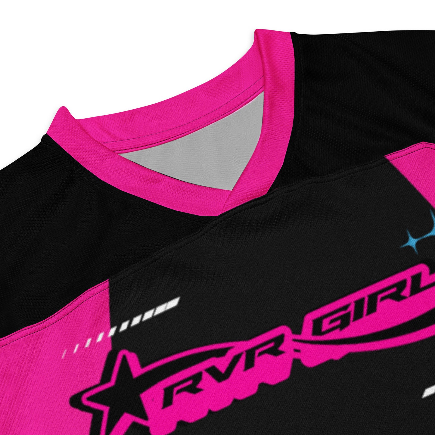 zoomed in photo of Black and pink RVR GIRL jersey with number 44 on the back – motocross inspired rave outfit for EDM and festival fashion.