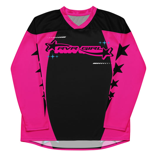 Black and pink RVR GIRL jersey with number 44 on the back – motocross inspired rave outfit for EDM and festival fashion.