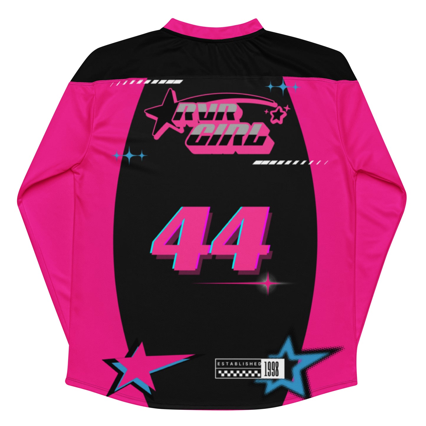 Back view of Black and pink RVR GIRL jersey with number 44 on the back – motocross inspired rave outfit for EDM and festival fashion.