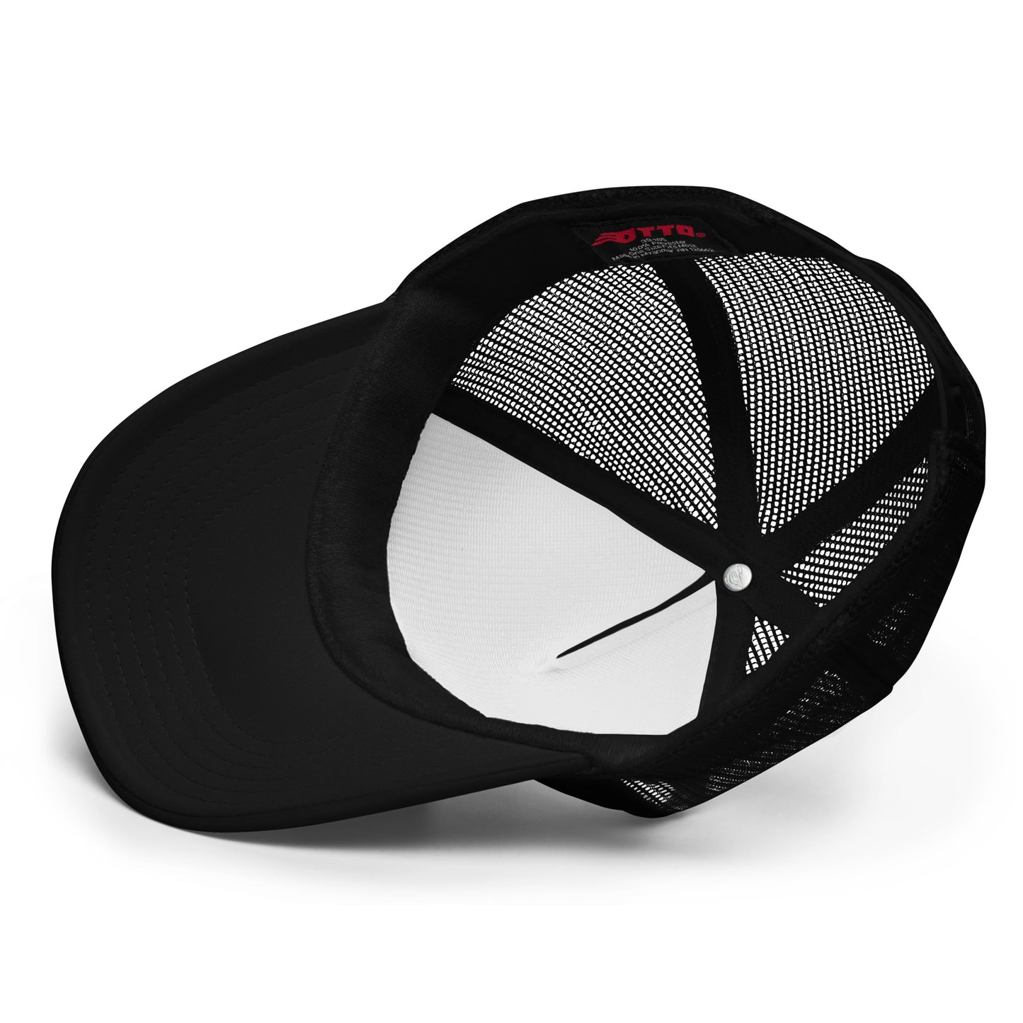 underside view of Black foam trucker hat with hot pink printed RVR GIRL design – retro Y2K rave festival hat for EDM lovers and streetwear fashion.