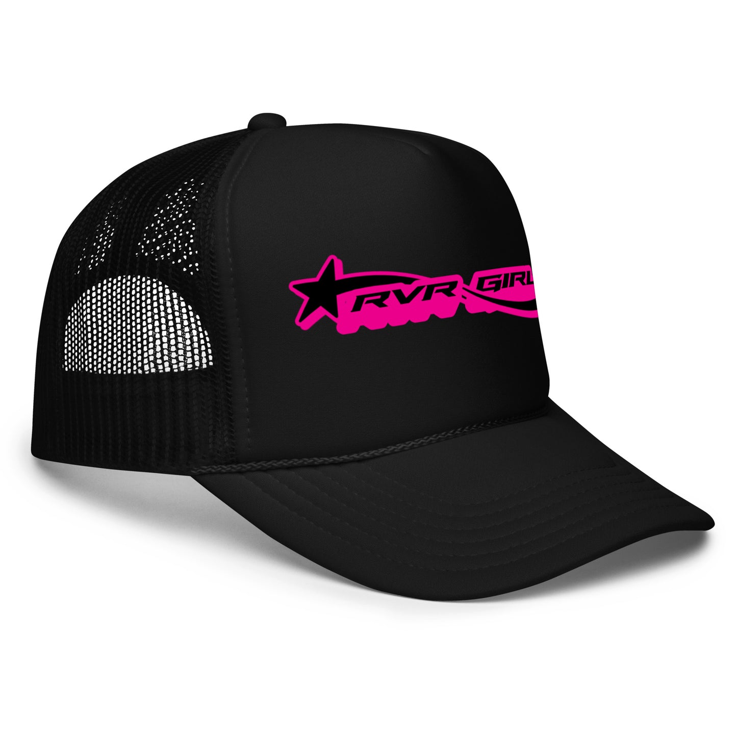 angled side view of Black foam trucker hat with hot pink printed RVR GIRL design – retro Y2K rave festival hat for EDM lovers and streetwear fashion.