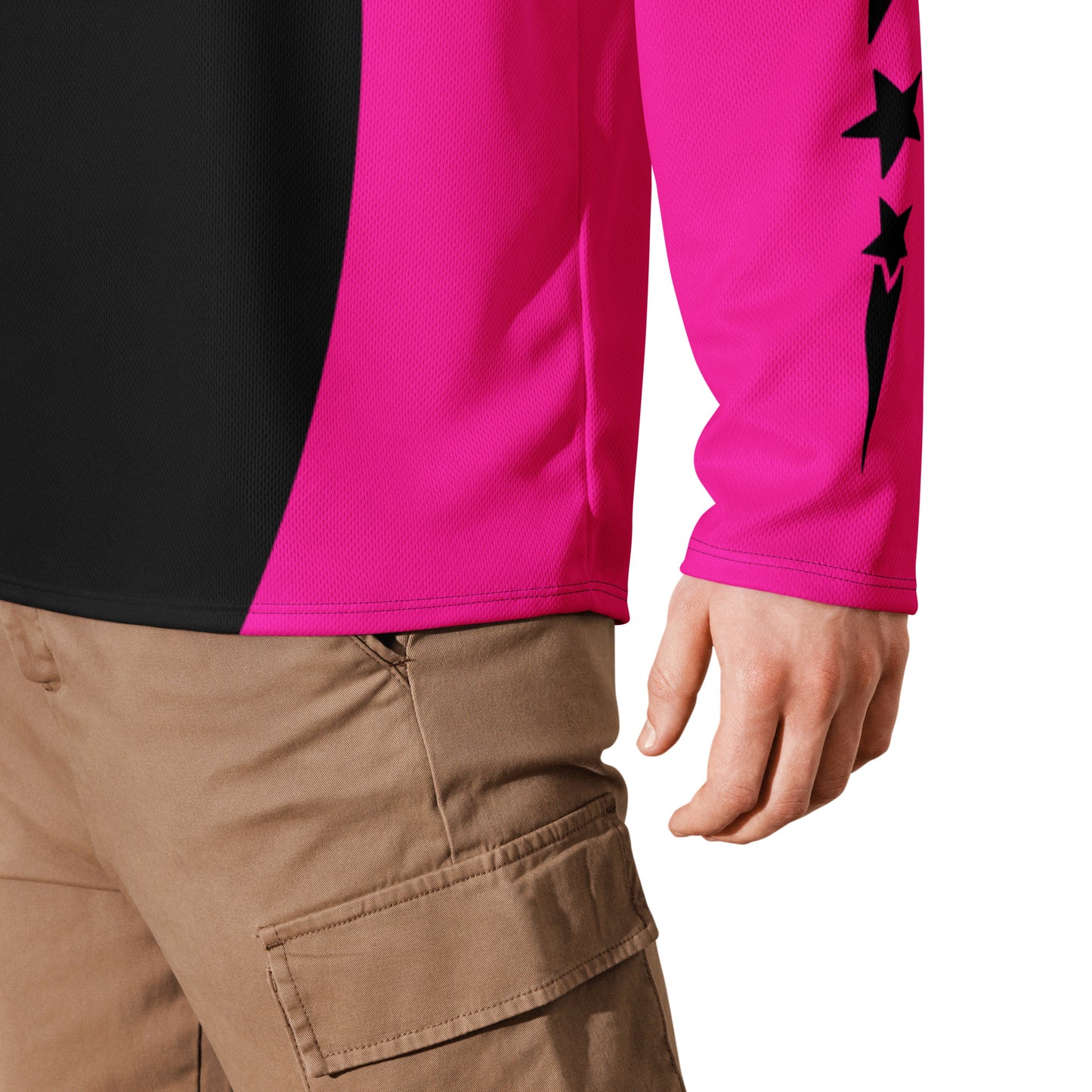 zoomed in photo of Black and pink RVR GIRL jersey with number 44 on the back – motocross inspired rave outfit for EDM and festival fashion.