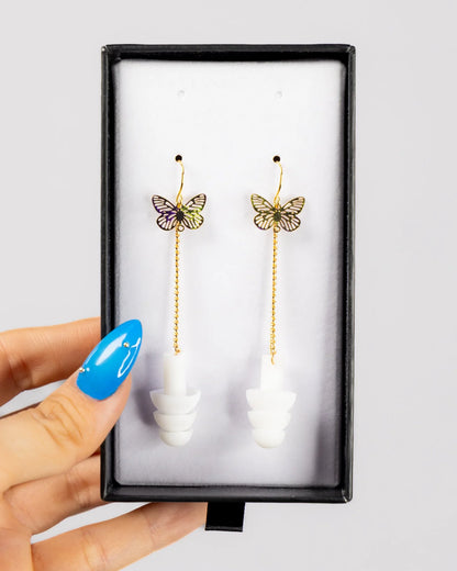 Earplug Earrings - White/Gold Butterflies