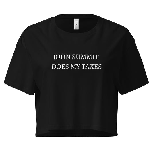 Black cropped t-shirt with white text that says “John Summit does my taxes,” funny EDM rave crop top for music festivals.