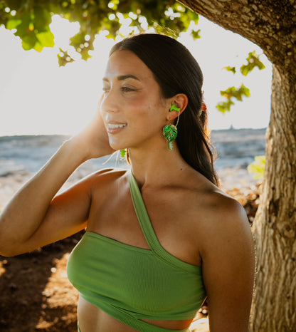 Earplug Earrings - Green Monstera Leaf