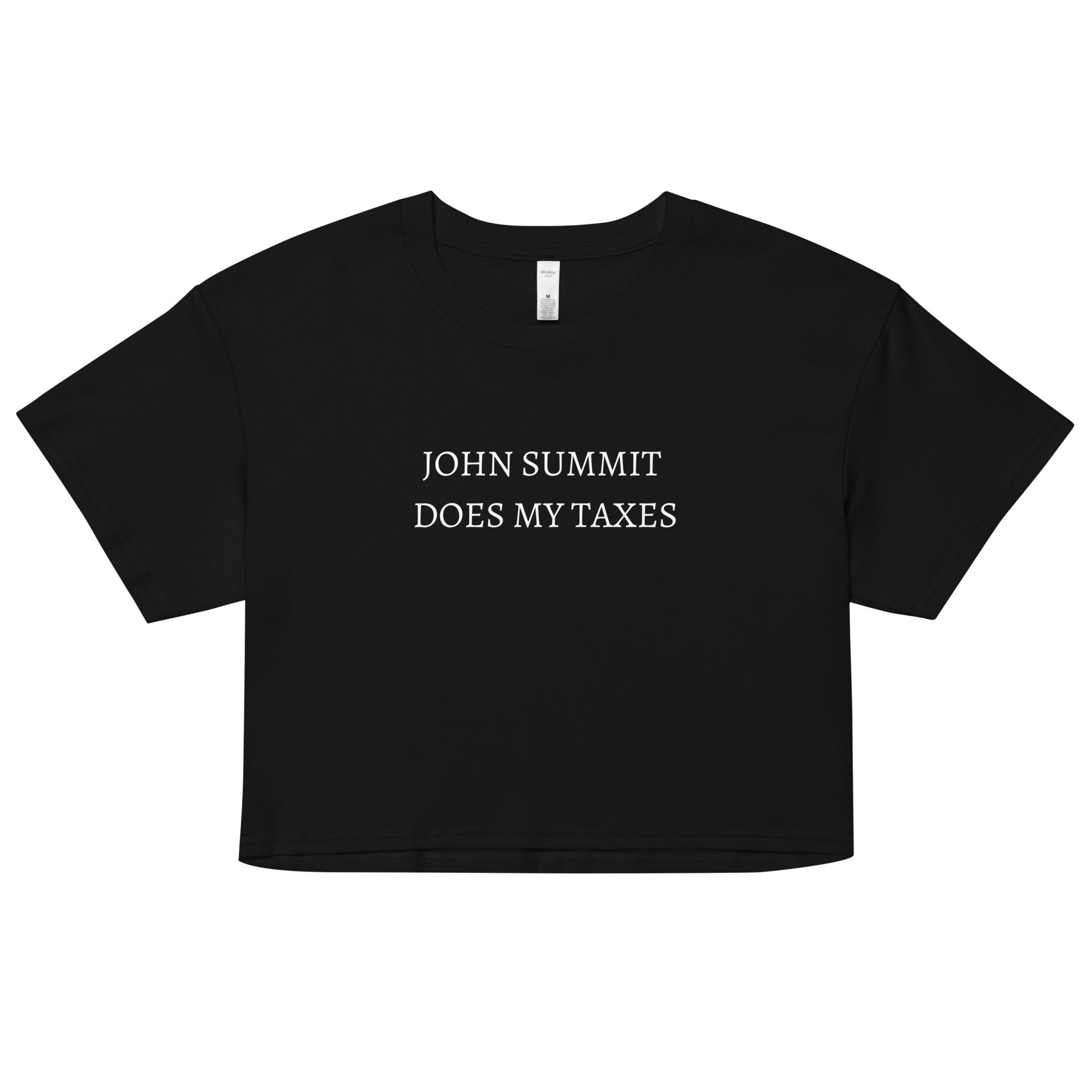 Trendy cotton crop top with relaxed fit and dropped shoulders, John Summit festival shirt for EDM lovers and house music fans.