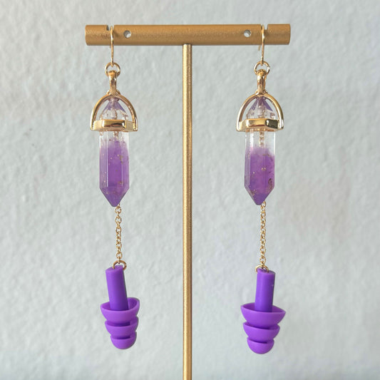 Purple Crystal Earplug Earrings Earrings Rave Day 
Ear plug jewelry
Earplugs 
Earplug earrings 
Ear plugs earrings 
earrings with earplugs attached
