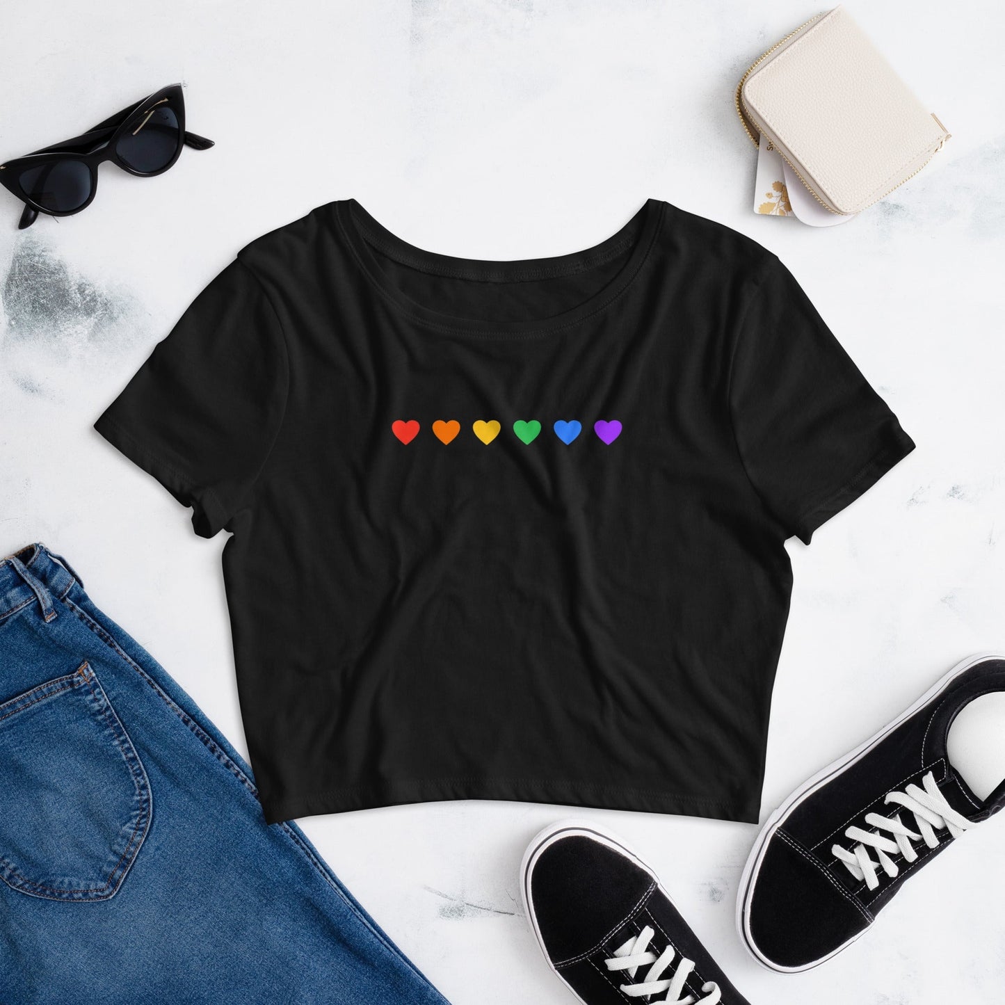 Rainbow Hearts - Black Crop Tee Rave Day XS/SM 