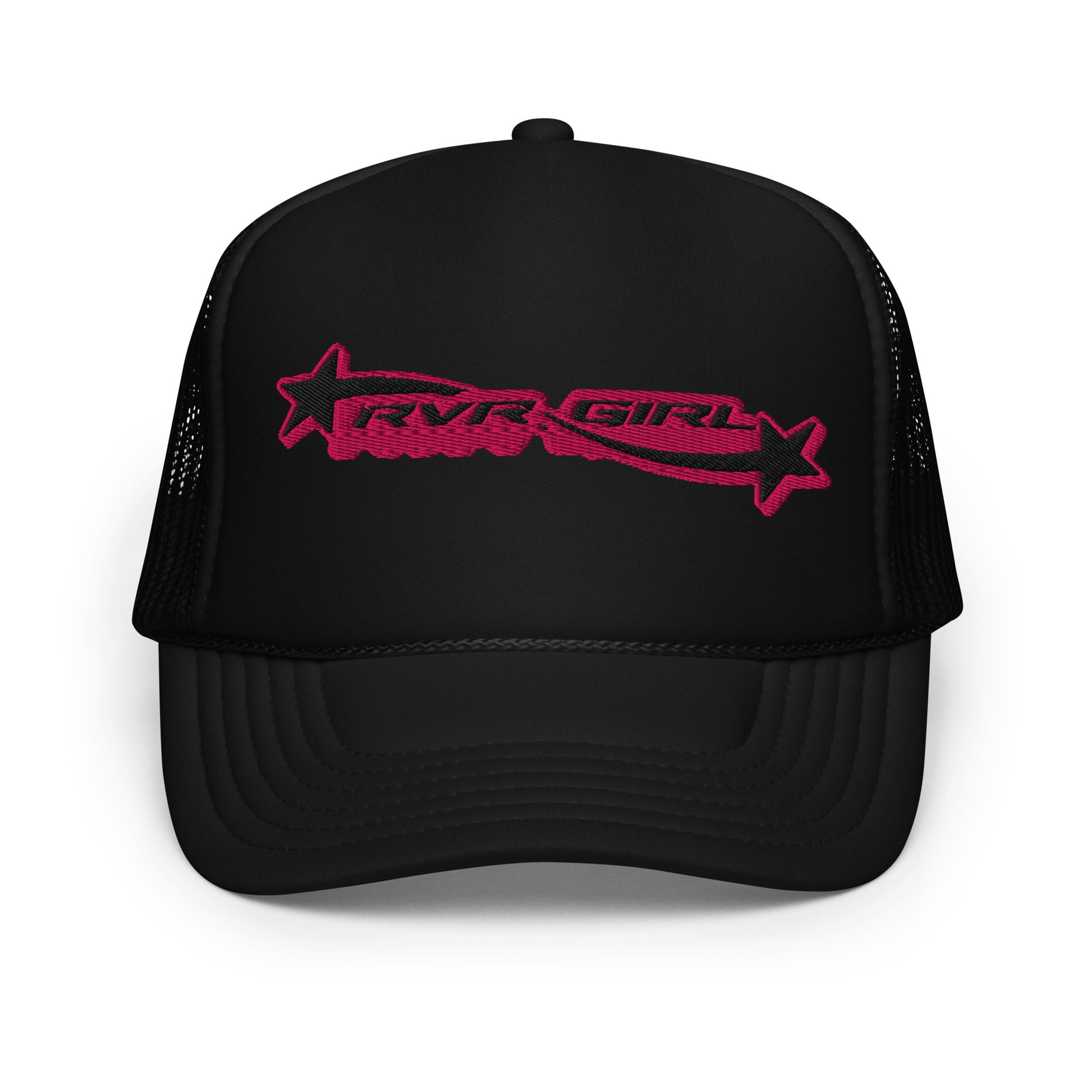 Front view of Black mesh trucker hat with hot pink embroidered RVR GIRL lettering – premium Y2K rave hat for EDM festivals and music lovers.