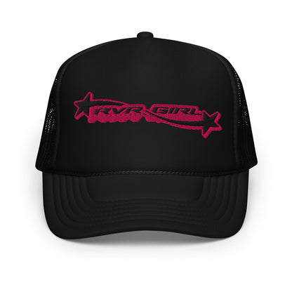 Front view of Black mesh trucker hat with hot pink embroidered RVR GIRL lettering – premium Y2K rave hat for EDM festivals and music lovers.