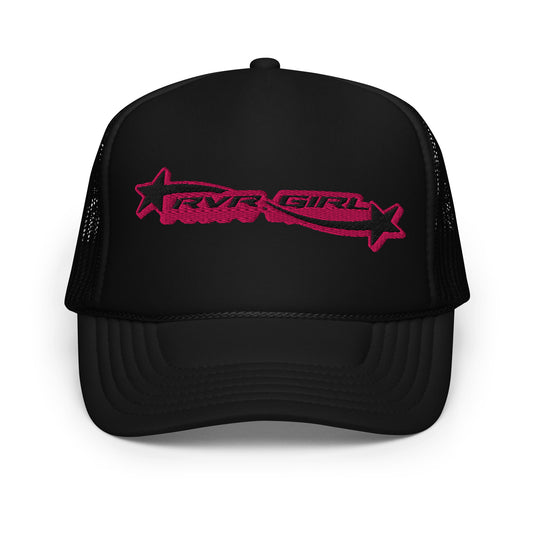 Front view of Black mesh trucker hat with hot pink embroidered RVR GIRL lettering – premium Y2K rave hat for EDM festivals and music lovers.