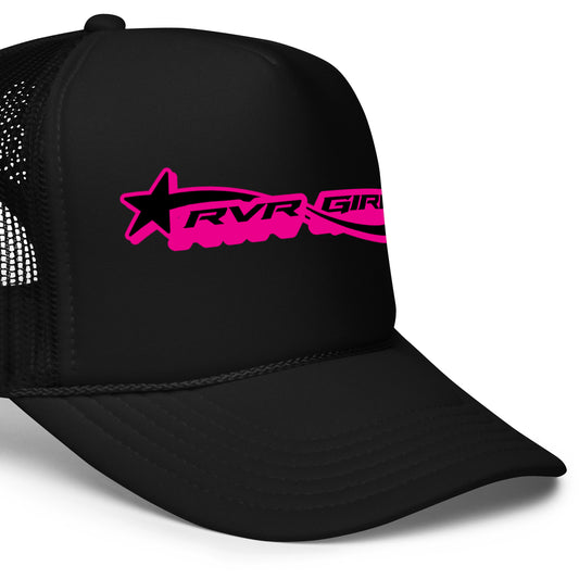 zoomed in side view of Black foam trucker hat with hot pink printed RVR GIRL design – retro Y2K rave festival hat for EDM lovers and streetwear fashion.