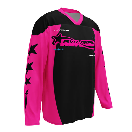 Black and pink RVR GIRL jersey with number 44 on the back – motocross inspired rave outfit for EDM and festival fashion.
