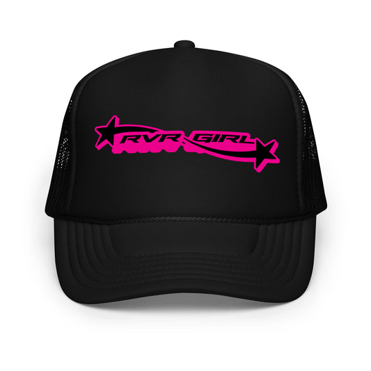 Front view of Black foam trucker hat with hot pink printed RVR GIRL design – retro Y2K rave festival hat for EDM lovers and streetwear fashion.