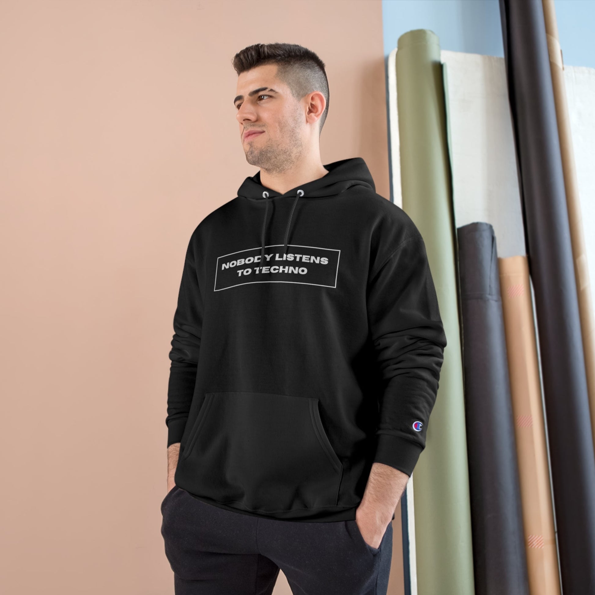 Nobody Listens to Techno - Champion Hoodie Hoodie Printify 